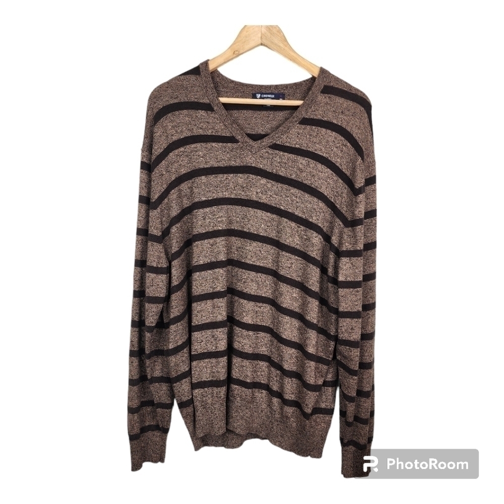 Cremieux Brown Striped V Neck Cotton/Silk Sweater Size XL